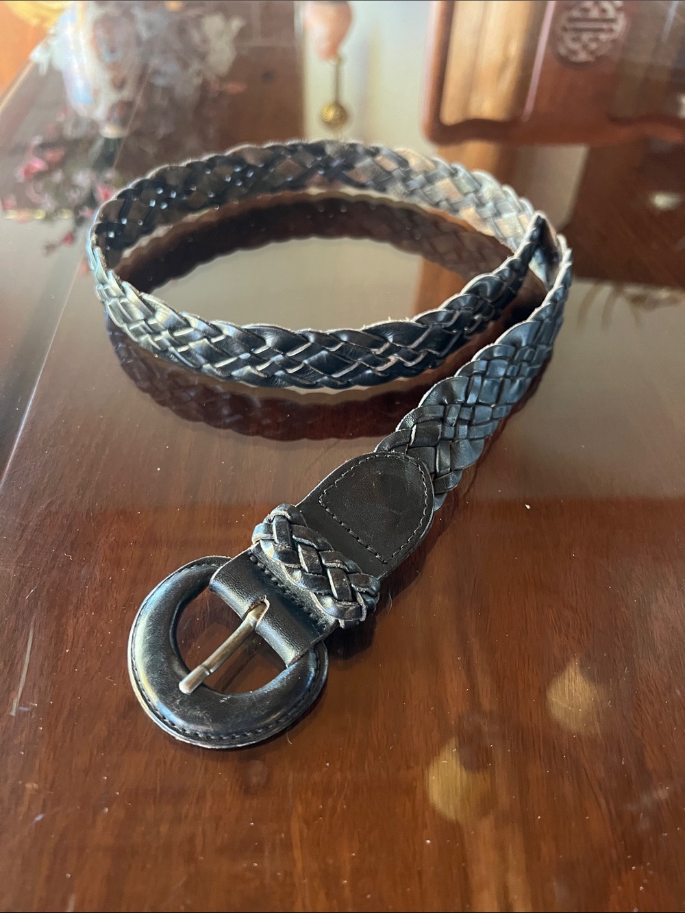 Omega Braided Genuine Leather Belt in Black